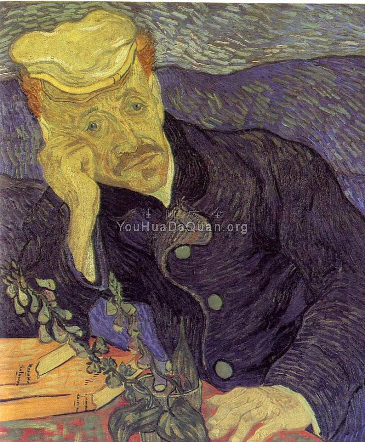 加歇特医生、书和玻璃杯中的花 - 文森特·威廉·梵高